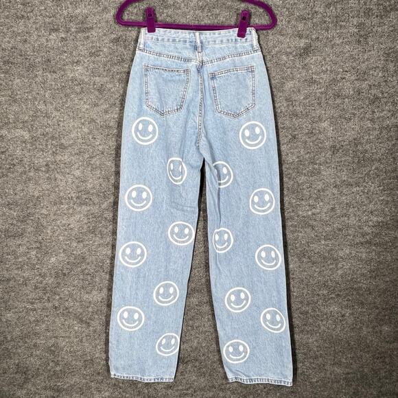 Smiley Face Jeans Womens Boyfriend Light Blue Wash Denim Happy Face Y2K - Picture 1 of 7
